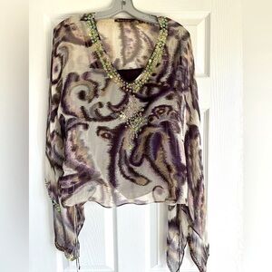 Y2K Silk Sheer Leopard Print w Wide sleeves and hand stitched beading- BOHO LUX